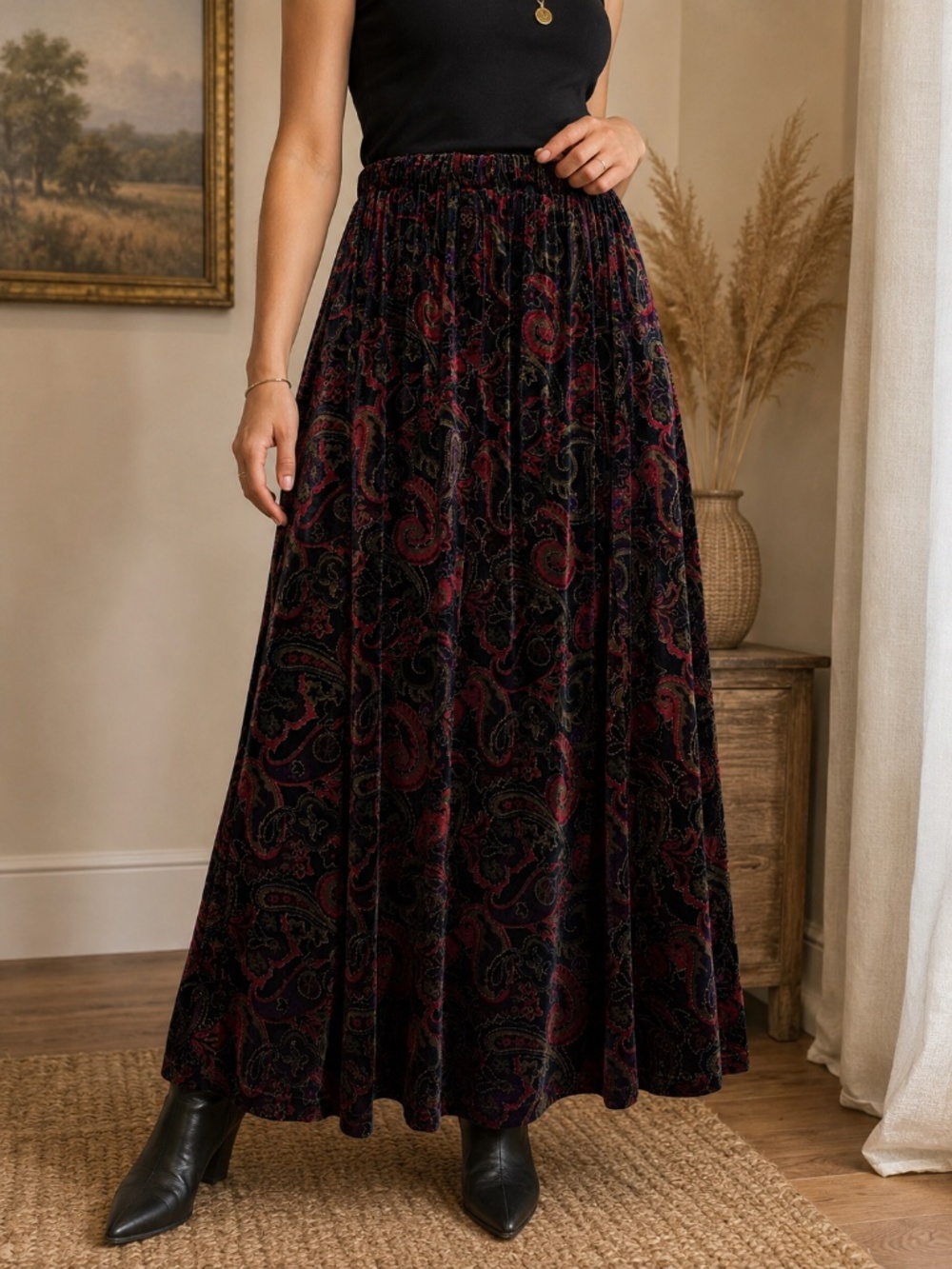 Christopher & Banks Black Velvet Maxi Skirt with Red Paisley Pattern